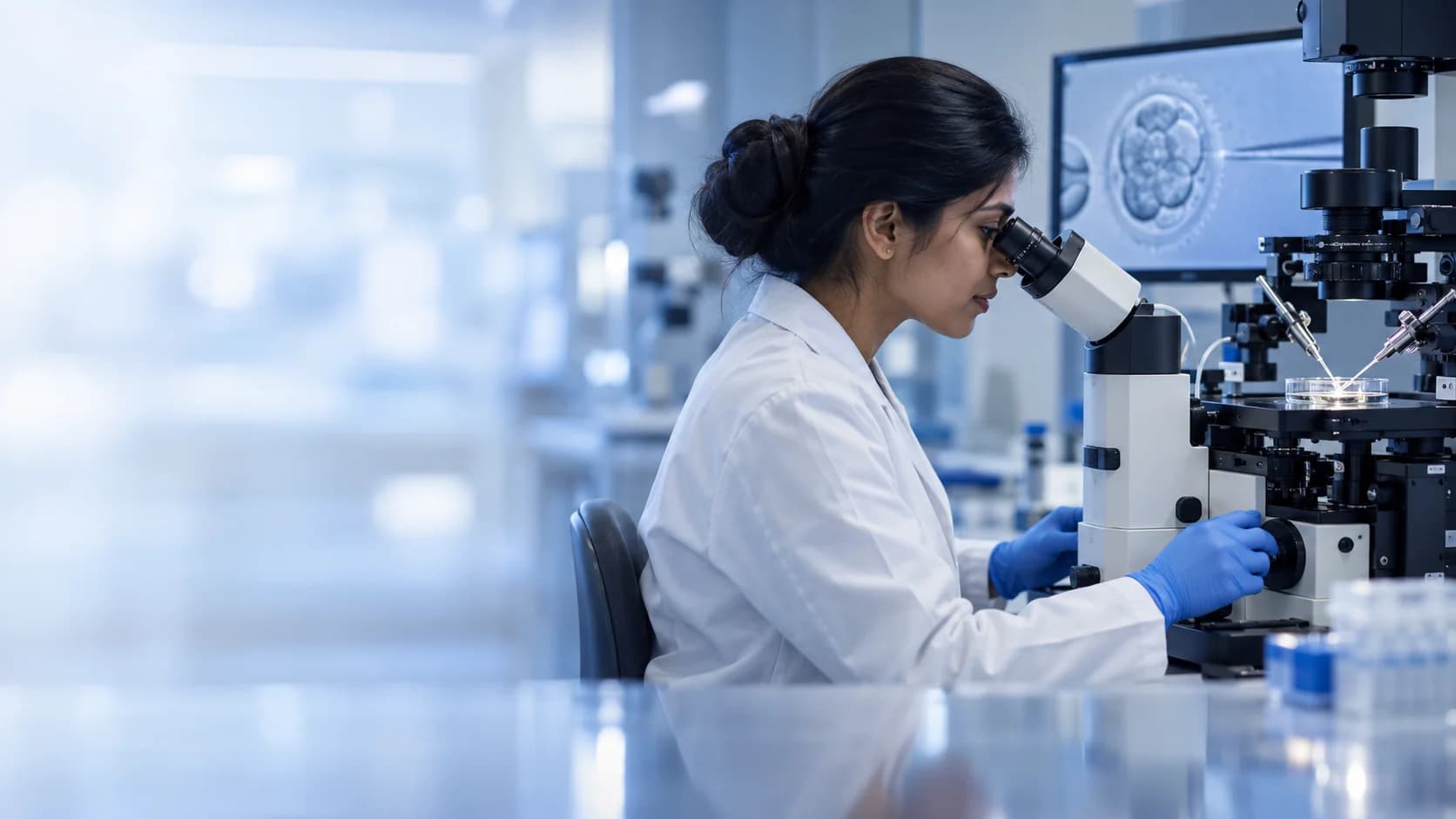 Embryologist working at an ICSI micromanipulation station in an IVF lab